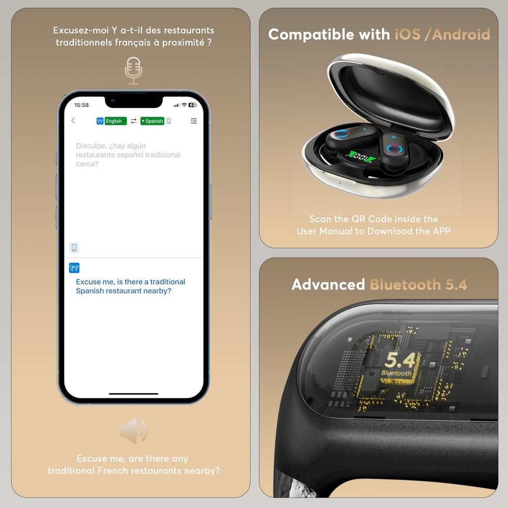 AI Translation Earbuds Real-Time 168 Languages Translator Earbuds, 3-in-1 Translation Device, 50H Playtime with OWS LCD Touch Screen, Bluetooth 5.4 Translate Headphones for Travel, Business, Learning