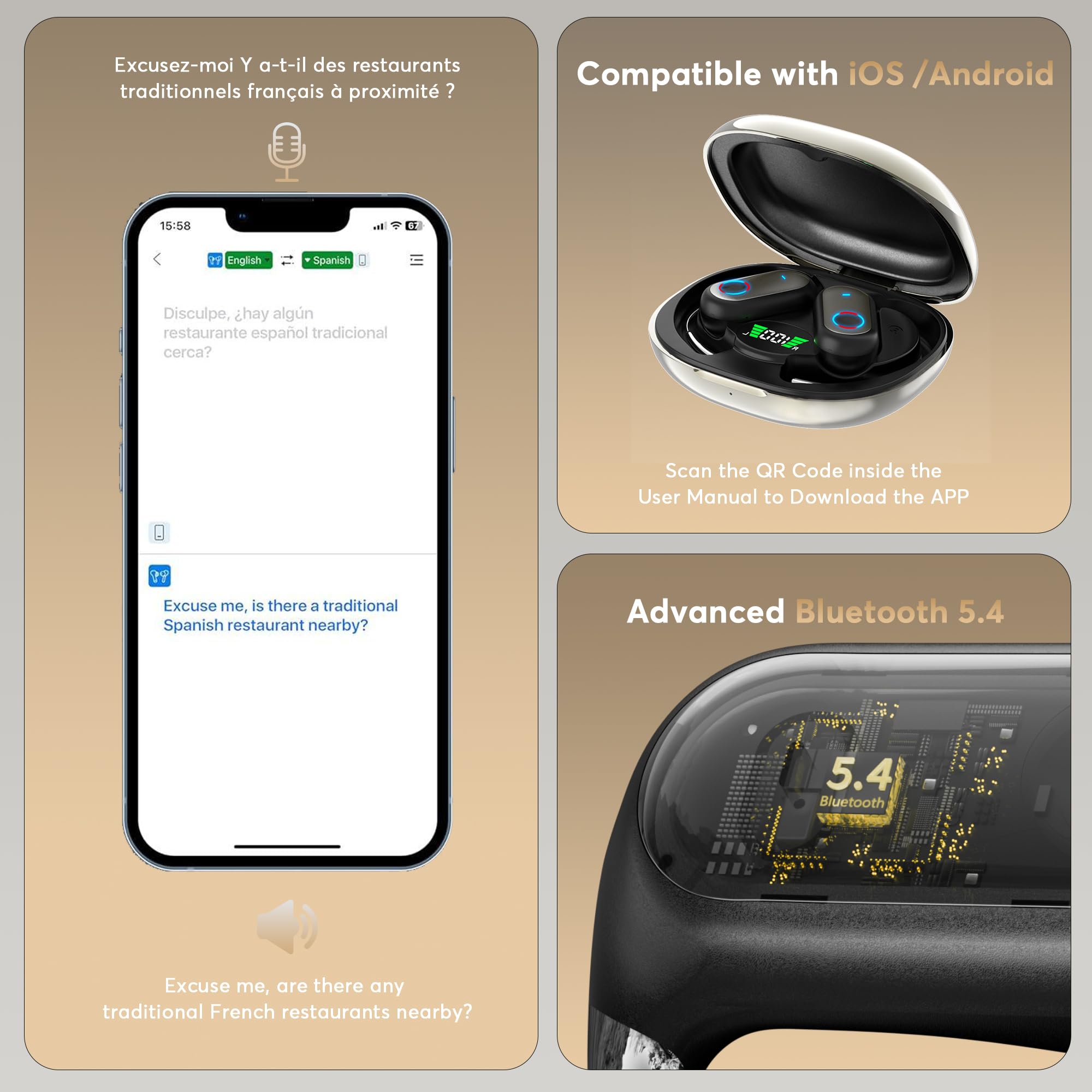 AI Translation Earbuds Real-Time 168 Languages Translator Earbuds, 3-in-1 Translation Device, 50H Playtime with OWS LCD Touch Screen, Bluetooth 5.4 Translate Headphones for Travel, Business, Learning